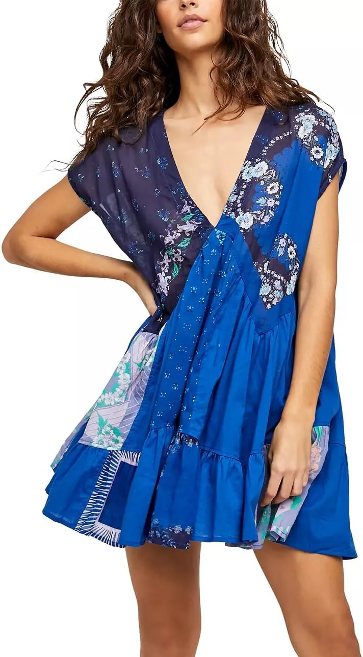 Womens Boho Mini Dress Y2k Floral Print Deep V-Neck Puff Sleeve Short Dress 2025 Summer Loose Beach Sundress