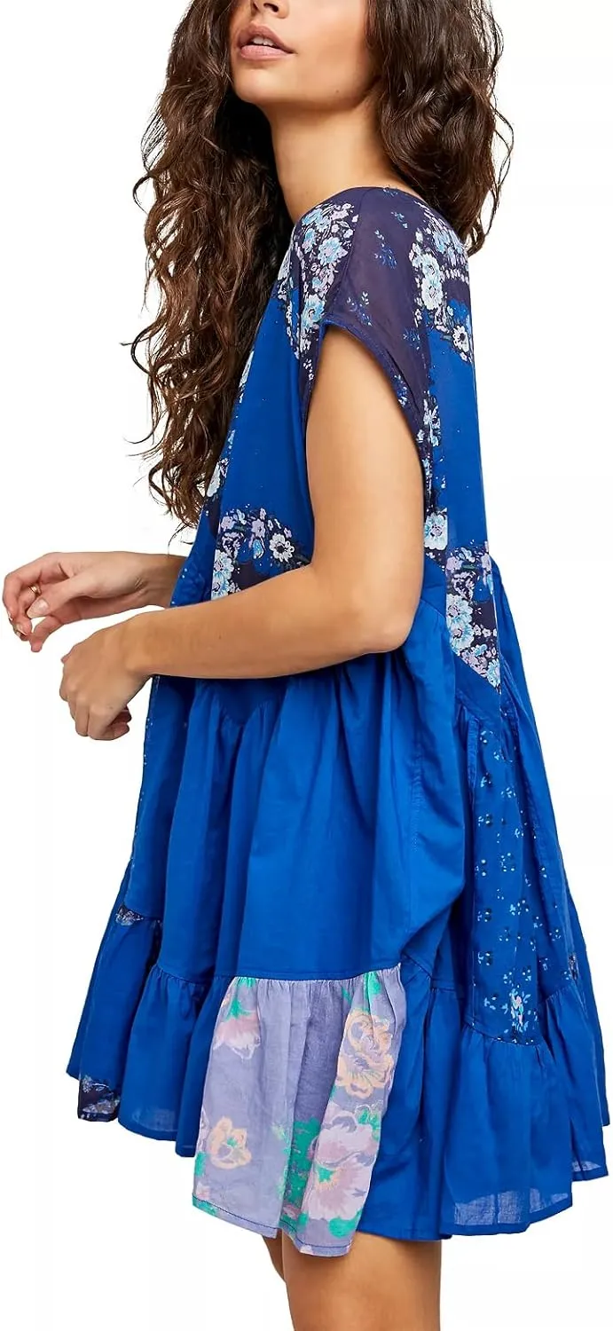 Womens Boho Mini Dress Y2k Floral Print Deep V-Neck Puff Sleeve Short Dress 2025 Summer Loose Beach Sundress