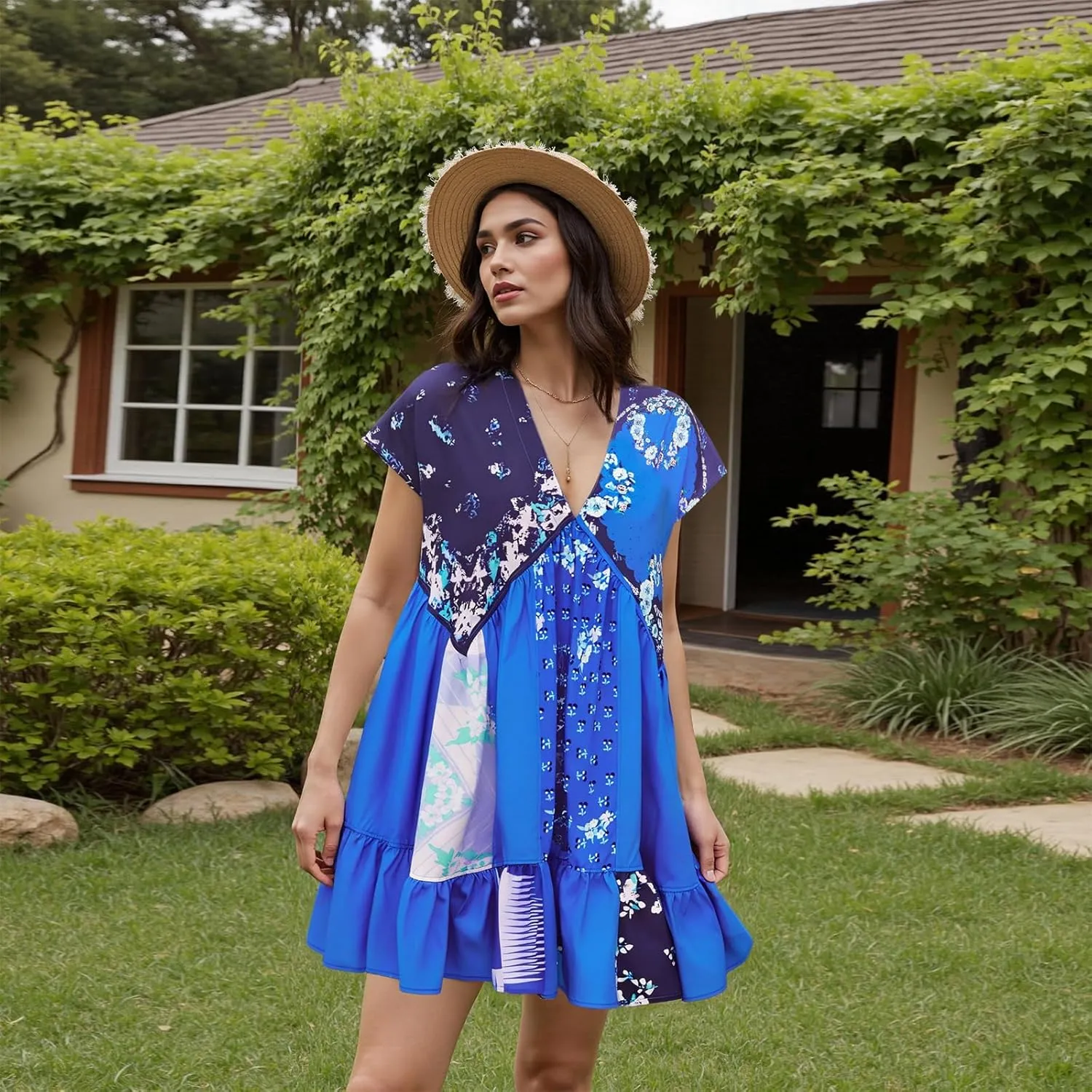 Womens Boho Mini Dress Y2k Floral Print Deep V-Neck Puff Sleeve Short Dress 2025 Summer Loose Beach Sundress