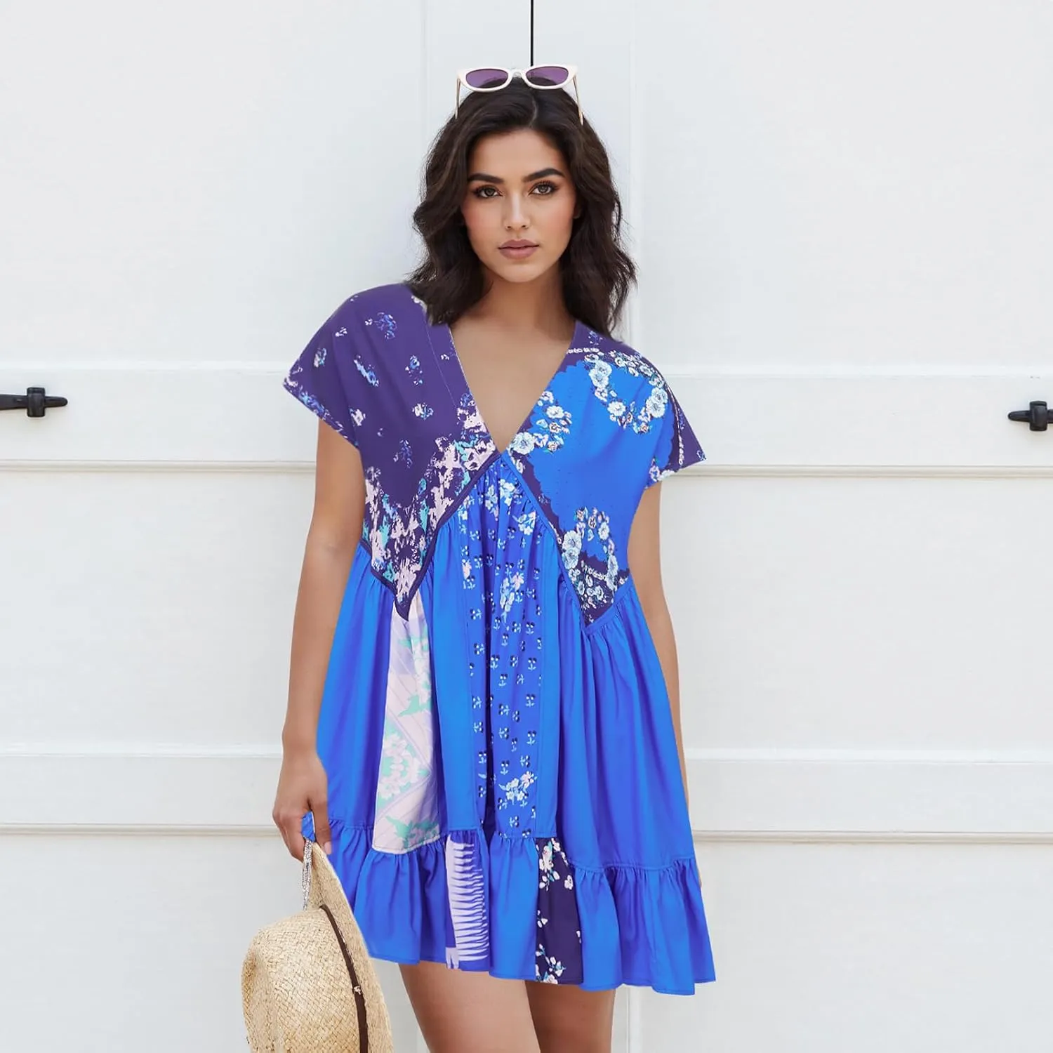 Womens Boho Mini Dress Y2k Floral Print Deep V-Neck Puff Sleeve Short Dress 2025 Summer Loose Beach Sundress