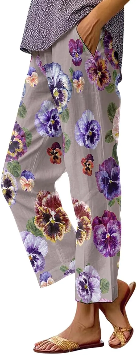 Women's Casual Boho Floral Print Cotton Linen Pants Elastic Waisted Drawstring Summer Spring Beach Baggy Capri