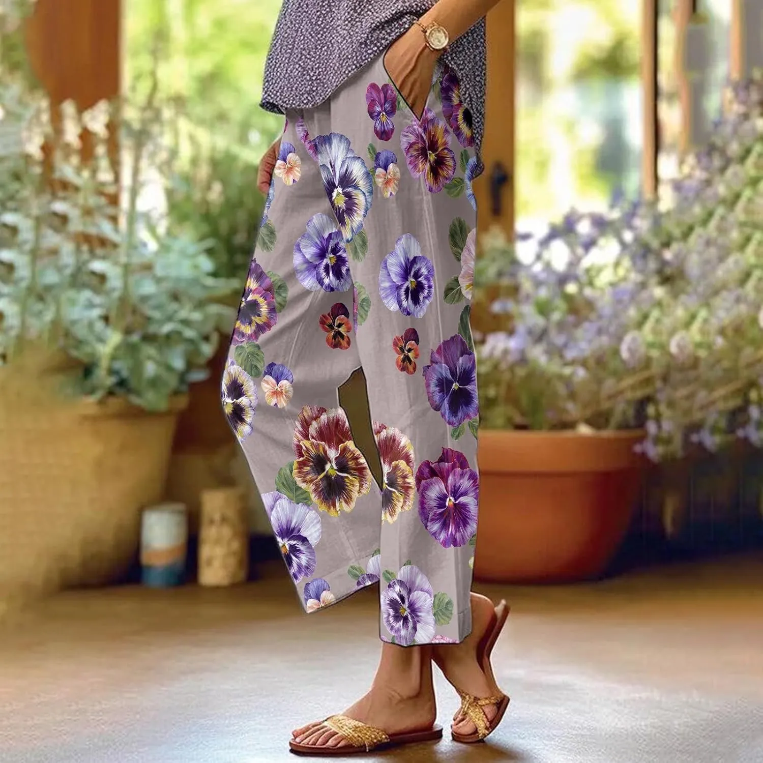 Women's Casual Boho Floral Print Cotton Linen Pants Elastic Waisted Drawstring Summer Spring Beach Baggy Capri