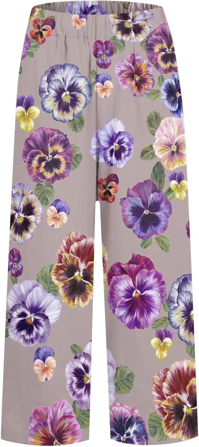 Women's Casual Boho Floral Print Cotton Linen Pants Elastic Waisted Drawstring Summer Spring Beach Baggy Capri