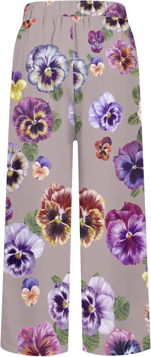 Women's Casual Boho Floral Print Cotton Linen Pants Elastic Waisted Drawstring Summer Spring Beach Baggy Capri