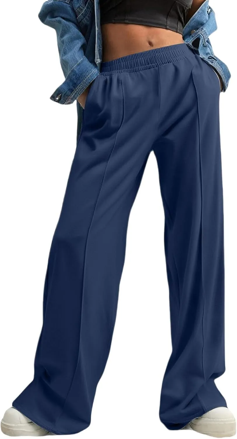 Women's Causal Pants 2025 Summer Business Work Office Baggy Trousers Trendy Elastic Waist Wide Leg Pants with Pockets