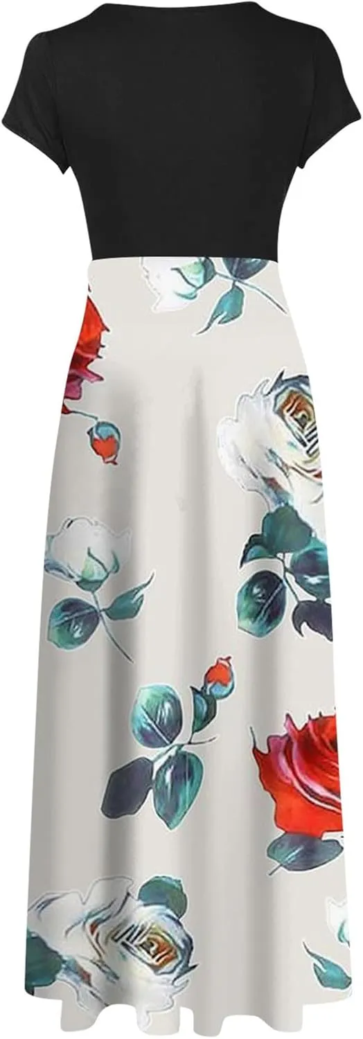 Women's Crew Neck Boho Maxi Dress Casual Elegant Short Sleeve Dress Floral Printed 2025 Spring Summer Dresses