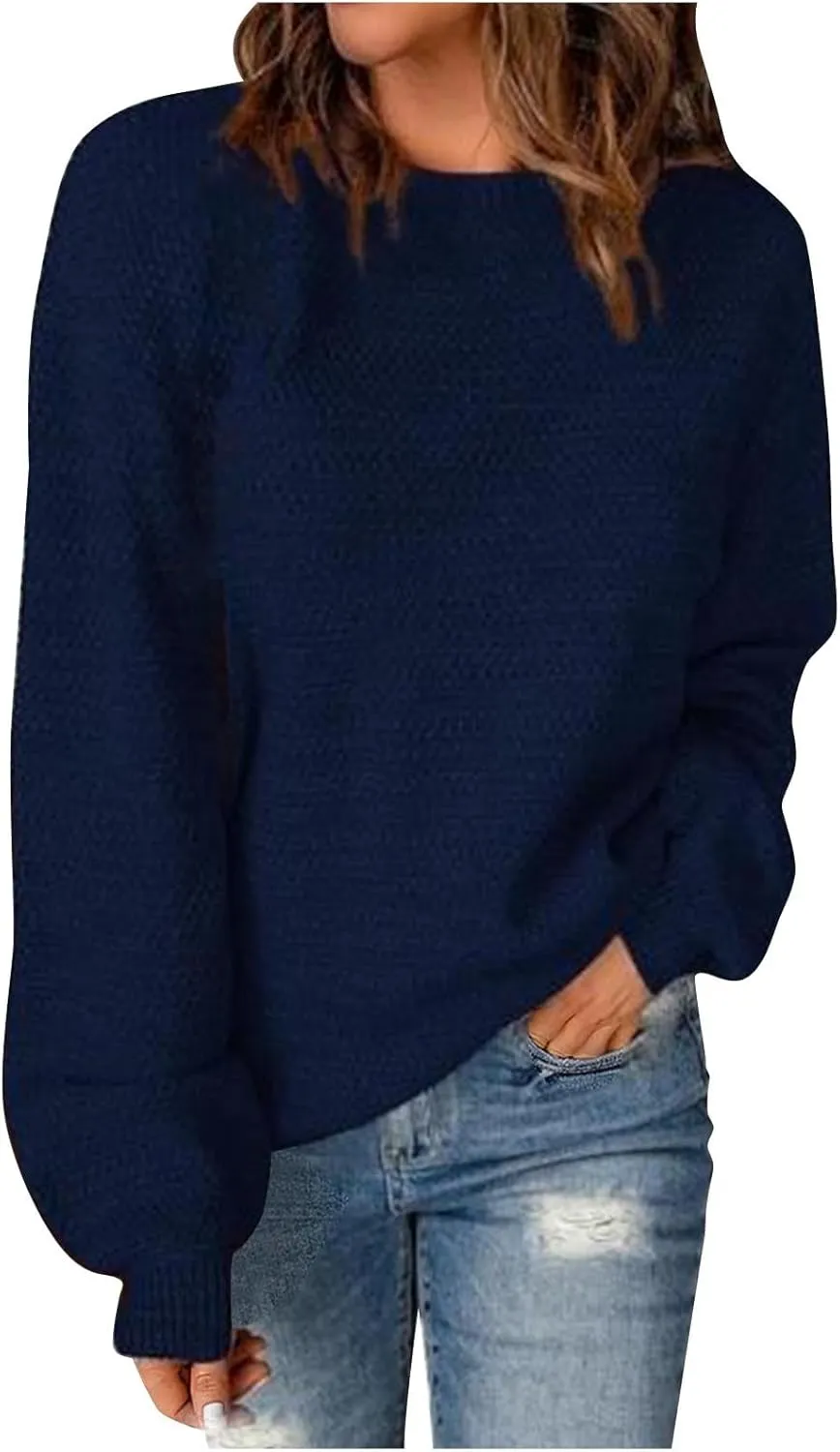 Women's Crewneck Sweaters Long Sleeve Knitted Pullover Tops Fashion Chunky Sweater Loose Fit Fall Clothes Knitwear