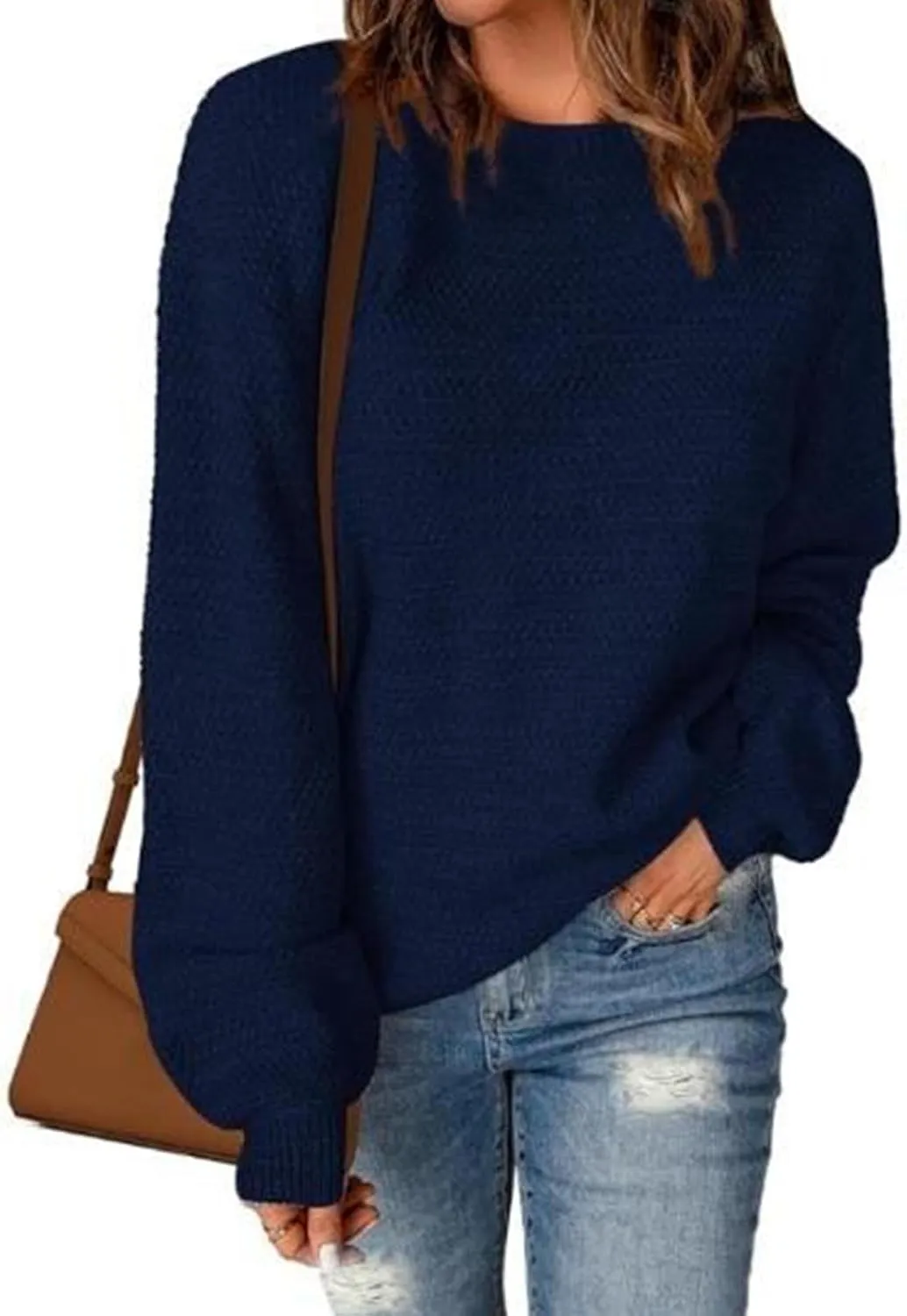 Women's Crewneck Sweaters Long Sleeve Knitted Pullover Tops Fashion Chunky Sweater Loose Fit Fall Clothes Knitwear