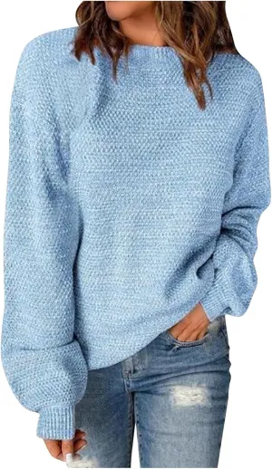 Women's Crewneck Sweaters Long Sleeve Knitted Pullover Tops Fashion Chunky Sweater Loose Fit Fall Clothes Knitwear