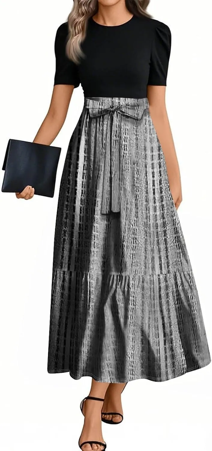 Womens Dress Summer Maxi Dresses Ruffle Hem Short Sleeve Dress Floral Vacation Wedding Guest Dresses with Belt