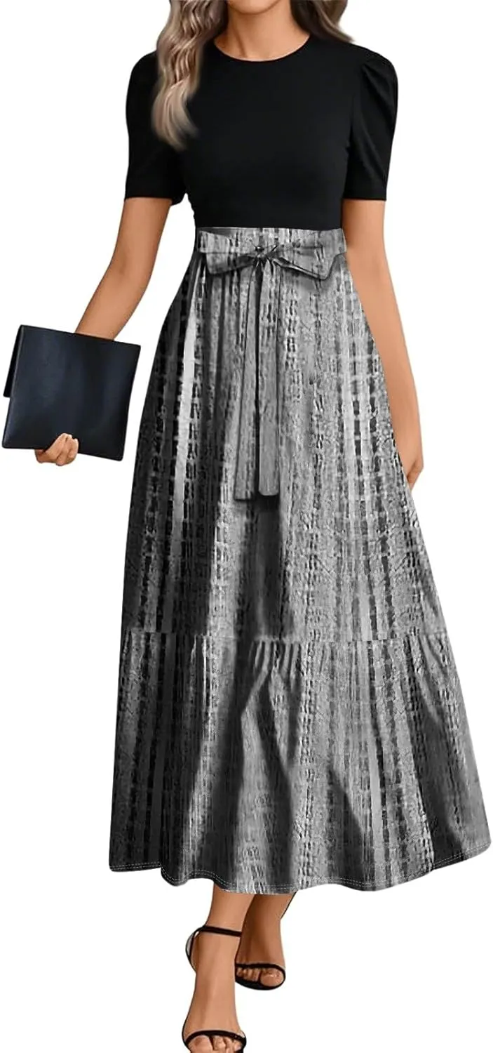 Womens Dress Summer Maxi Dresses Ruffle Hem Short Sleeve Dress Floral Vacation Wedding Guest Dresses with Belt
