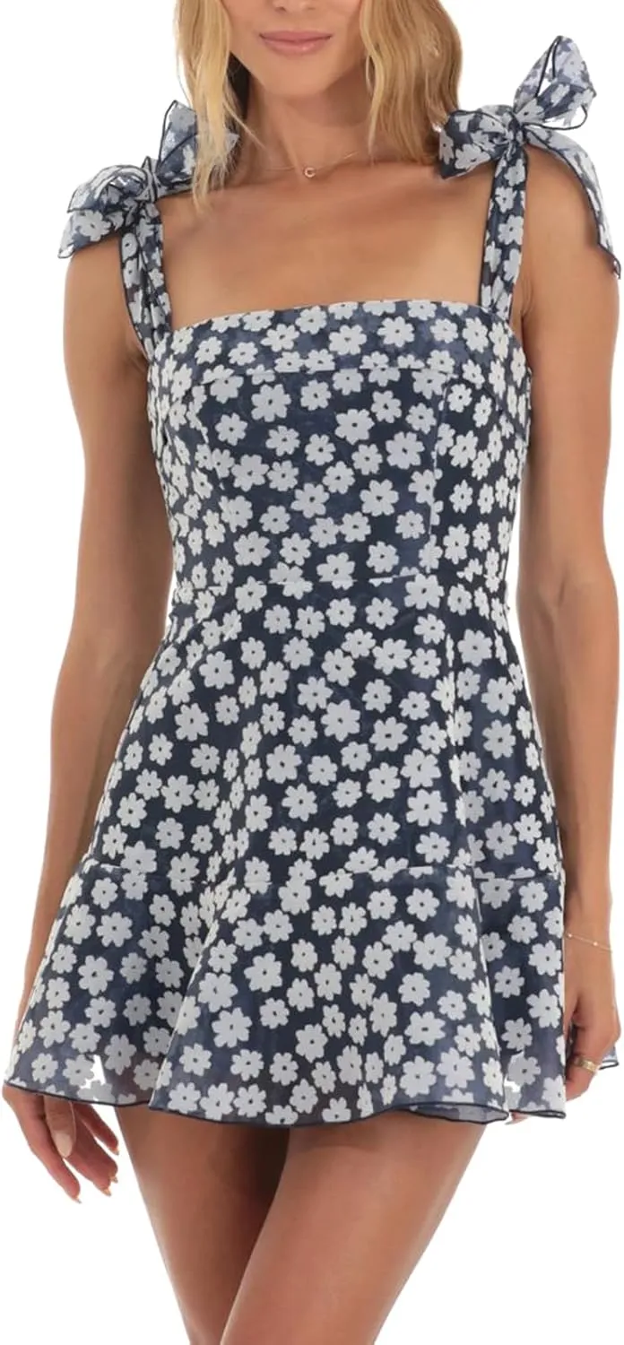 Womens Eyelet Dresses Summer Square Neck Sleeveless Babydoll Mini Dress Casual A-Line Boho Floral Beach Sundress