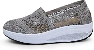 Women's Floral Embroidery Lace Mesh Air Cushion Sneakers,Comfortable Orthopedic Diabetic Walking Toning Shoes Breathable Slip On Platform Loafers Casual Fashion Rocker Shoes
