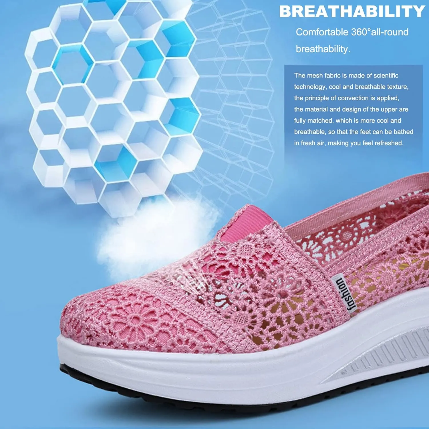 Women's Floral Embroidery Lace Mesh Air Cushion Sneakers,Comfortable Orthopedic Diabetic Walking Toning Shoes Breathable Slip On Platform Loafers Casual Fashion Rocker Shoes