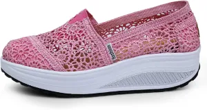 Women's Floral Embroidery Lace Mesh Air Cushion Sneakers,Comfortable Orthopedic Diabetic Walking Toning Shoes Breathable Slip On Platform Loafers Casual Fashion Rocker Shoes