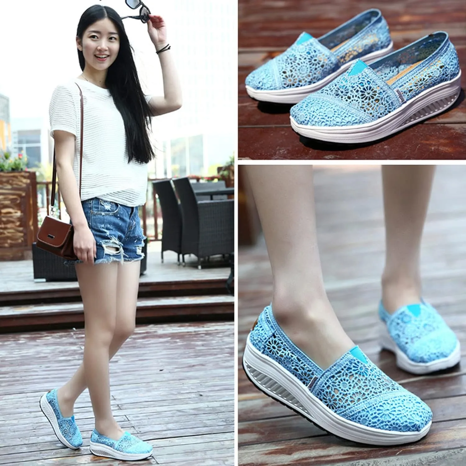Women's Floral Embroidery Lace Mesh Air Cushion Sneakers,Comfortable Orthopedic Diabetic Walking Toning Shoes Breathable Slip On Platform Loafers Casual Fashion Rocker Shoes