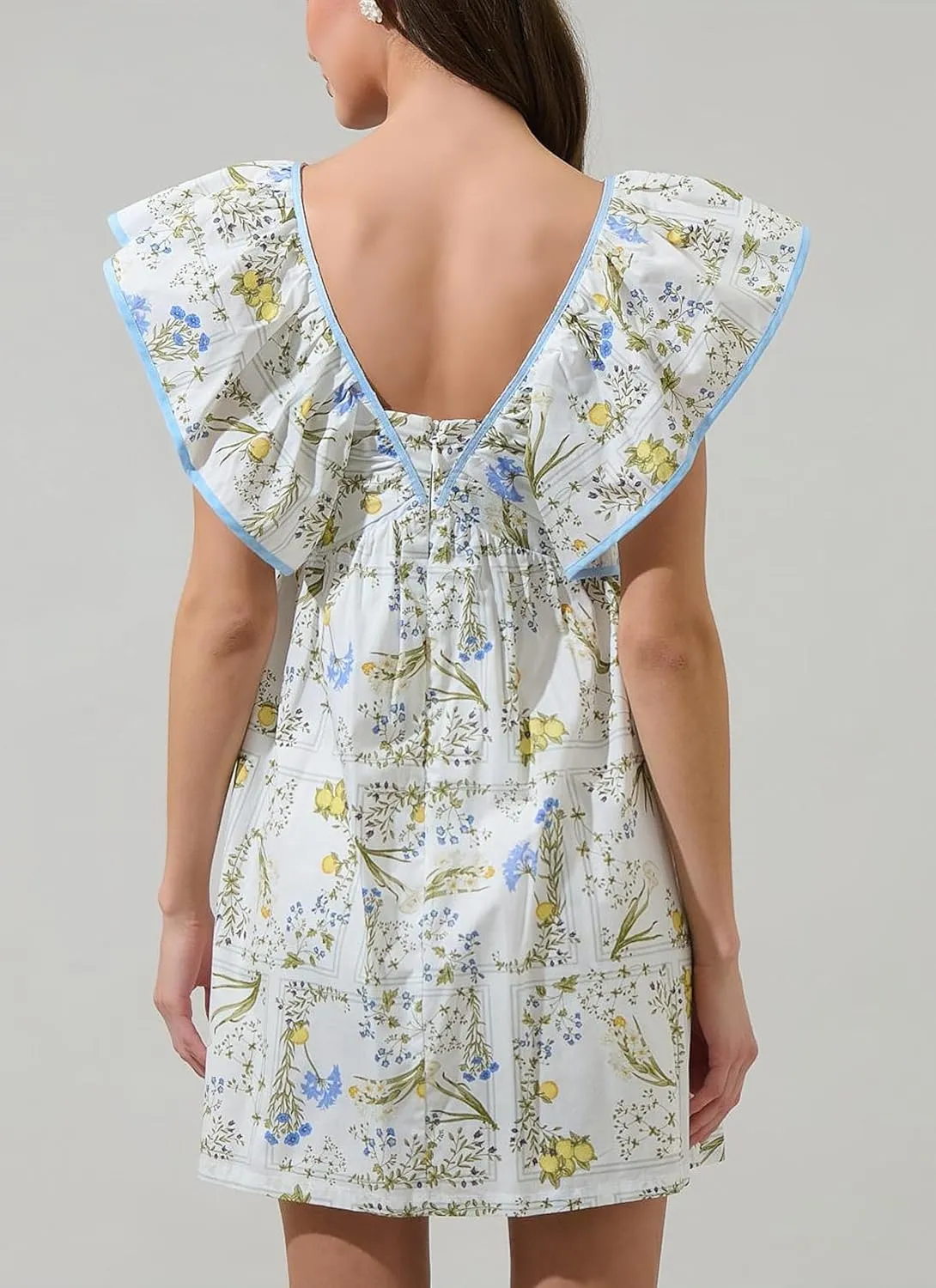 Women's Floral Print Bow Mini Dress V Neck Puff Sleeve Babydoll Short Dress Ruffle Sleeve Backless Lace Up Sudress