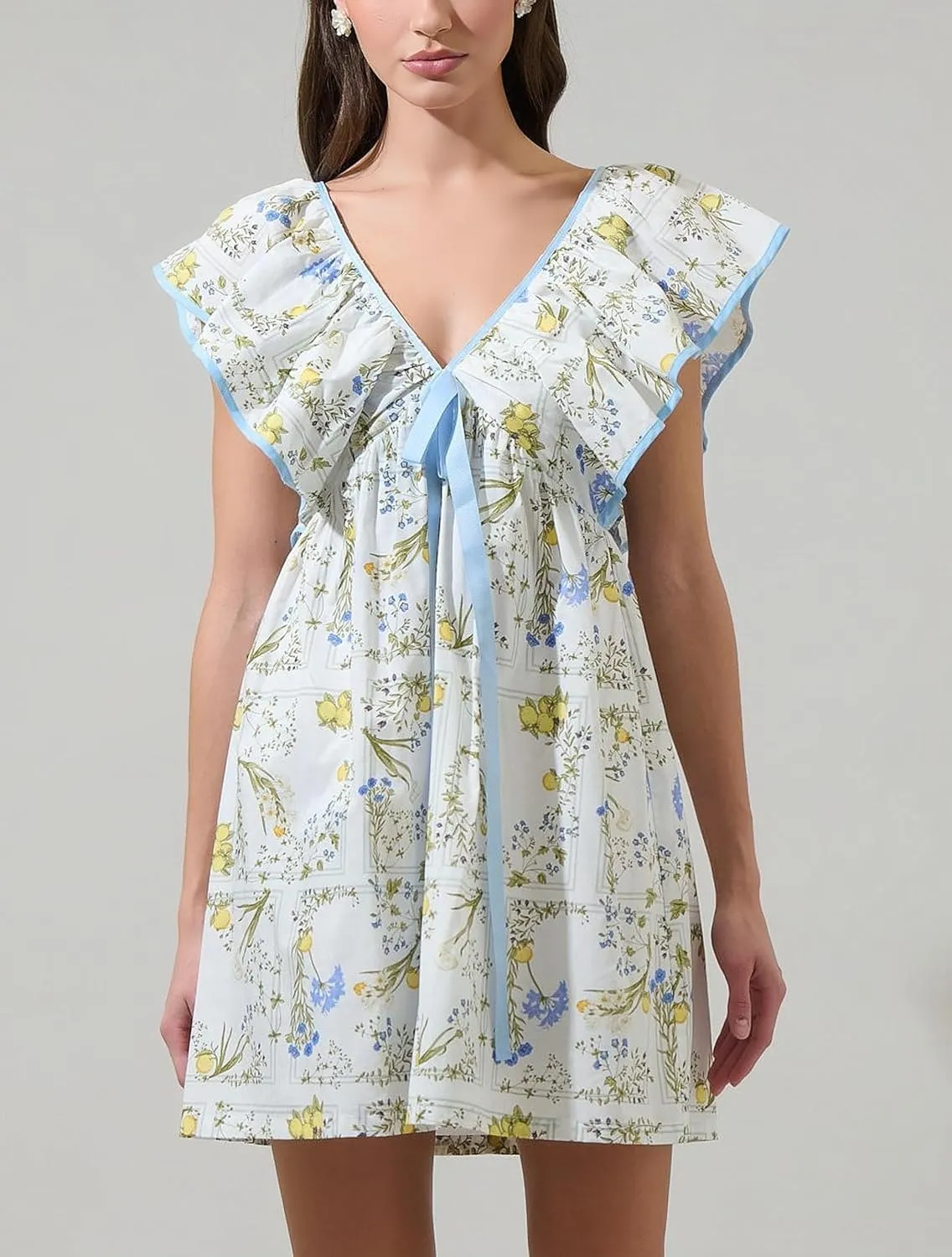 Women's Floral Print Bow Mini Dress V Neck Puff Sleeve Babydoll Short Dress Ruffle Sleeve Backless Lace Up Sudress