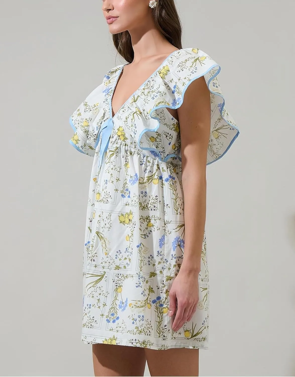 Women's Floral Print Bow Mini Dress V Neck Puff Sleeve Babydoll Short Dress Ruffle Sleeve Backless Lace Up Sudress