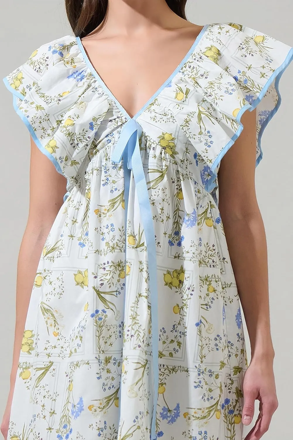 Women's Floral Print Bow Mini Dress V Neck Puff Sleeve Babydoll Short Dress Ruffle Sleeve Backless Lace Up Sudress