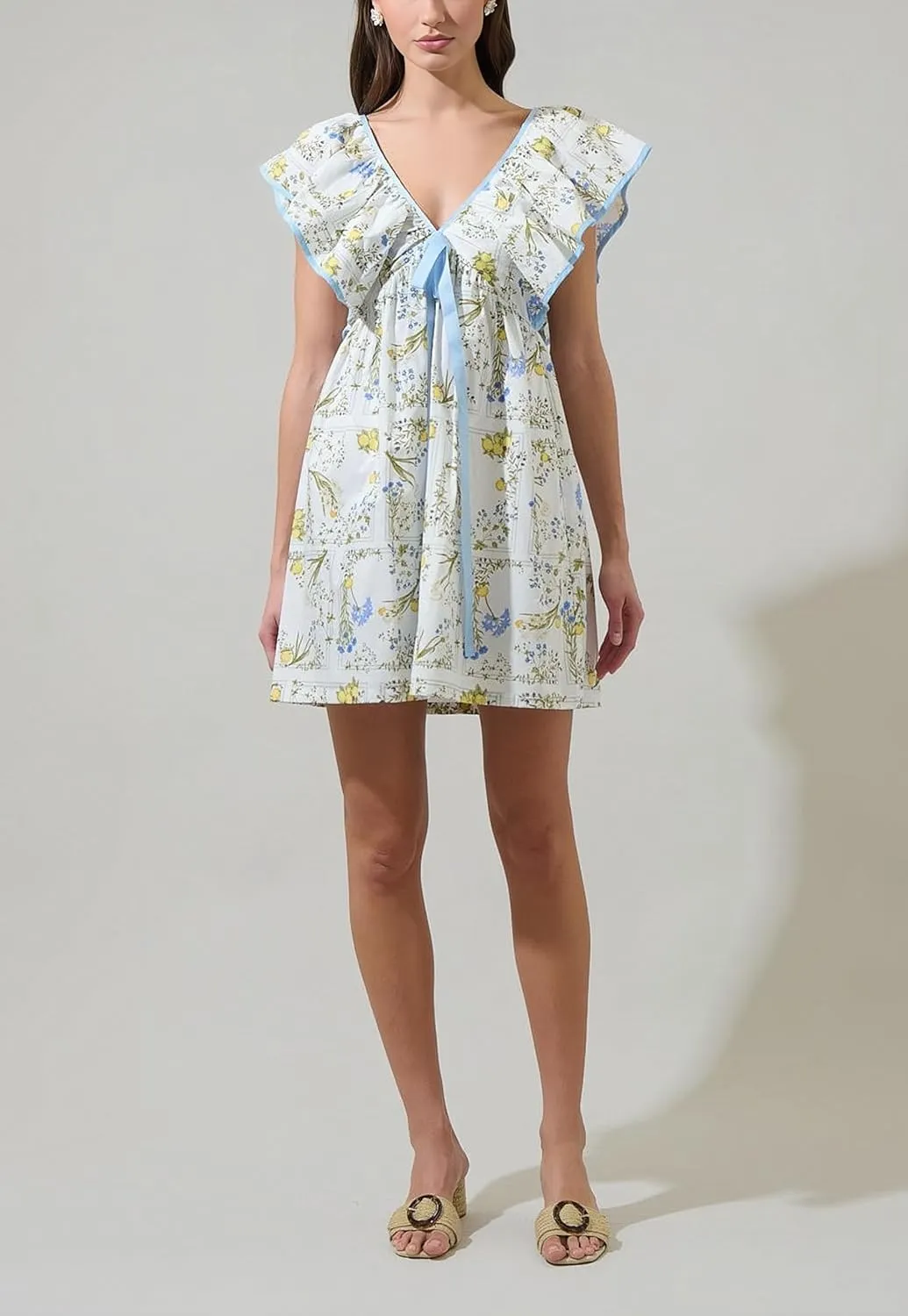 Women's Floral Print Bow Mini Dress V Neck Puff Sleeve Babydoll Short Dress Ruffle Sleeve Backless Lace Up Sudress