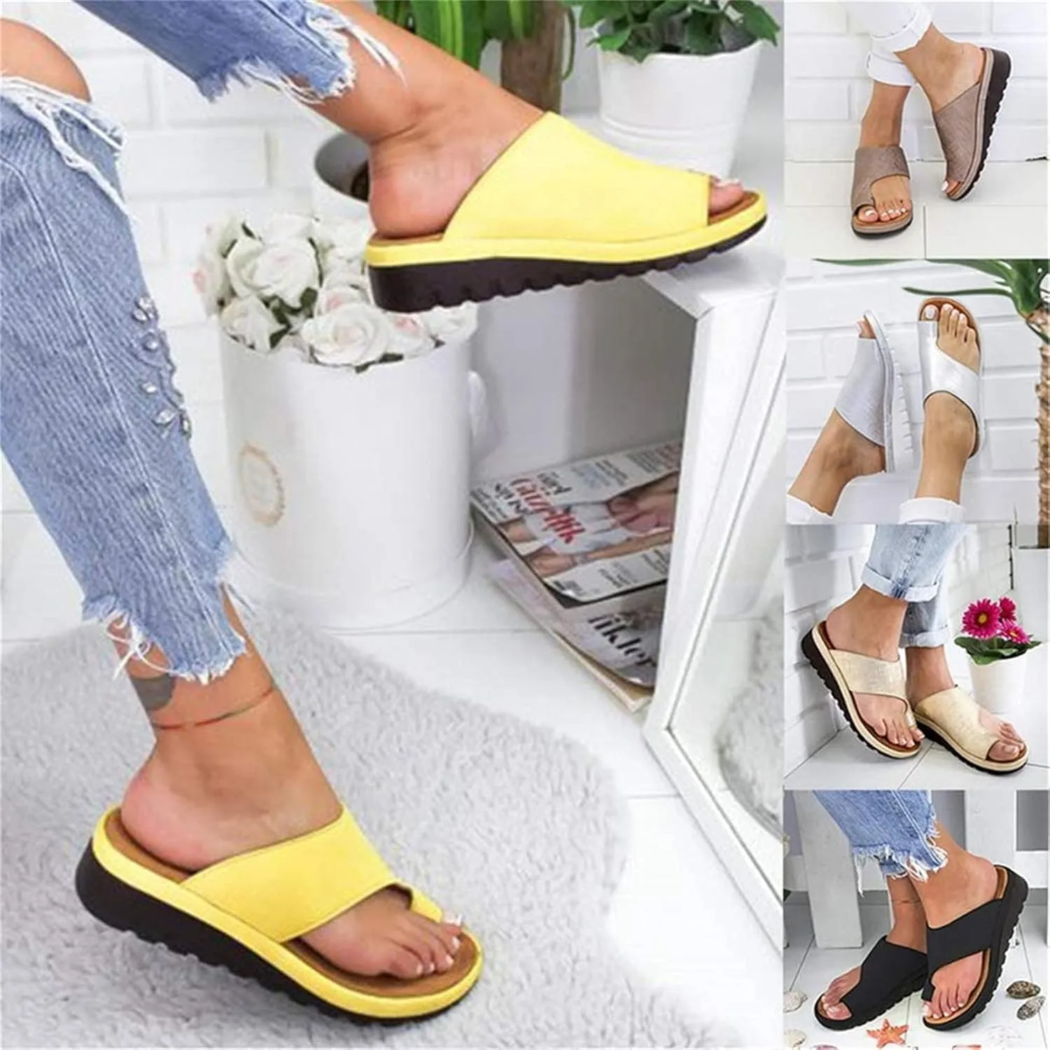 Womens Girls Sandals Summer Wedge Platform Bunion Flip Flops Gladiator Strappy Orthopedic Bohemian Casual Beach Shoes,White,EU40/US8