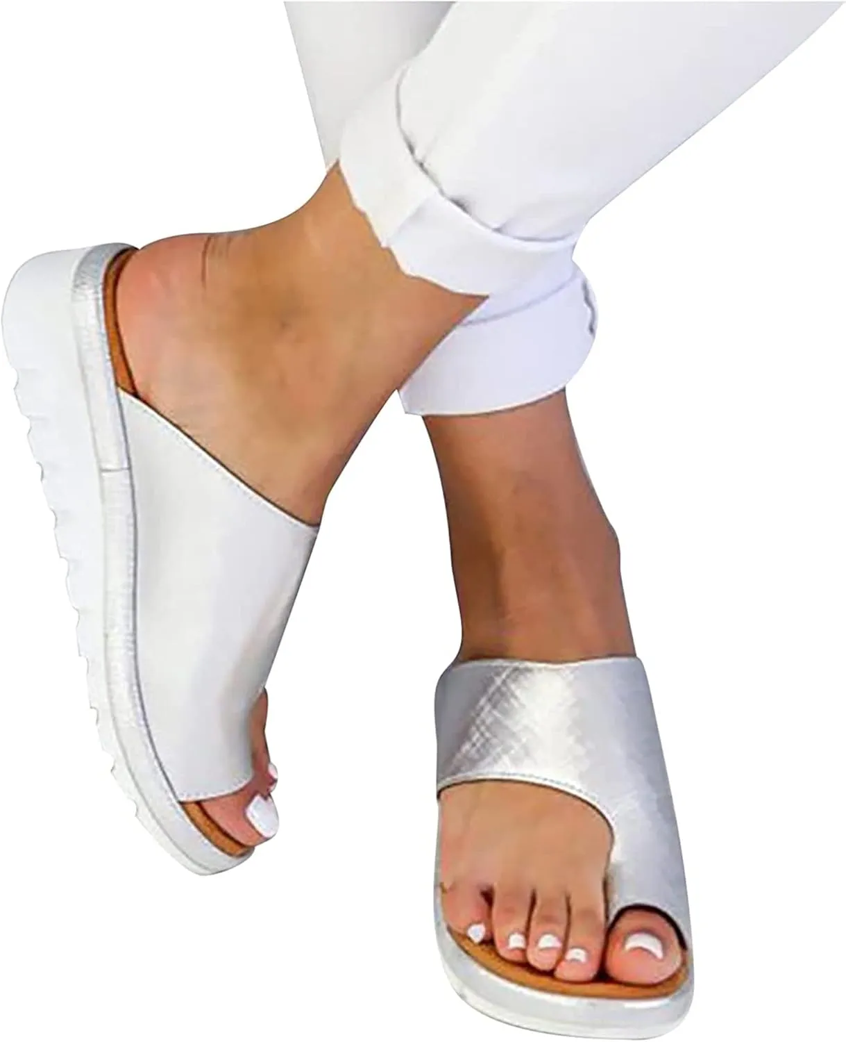 Womens Girls Sandals Summer Wedge Platform Bunion Flip Flops Gladiator Strappy Orthopedic Bohemian Casual Beach Shoes,White,EU40/US8
