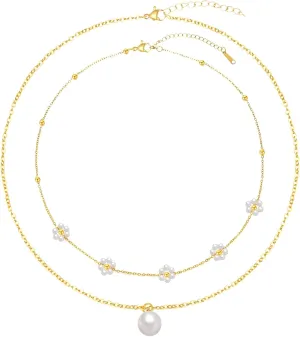 WomenS Gold Layered Necklaces With Pearl Daisy Pendants, Adjustable Stainless Steel, Hypoallergenic Two-Piece Set