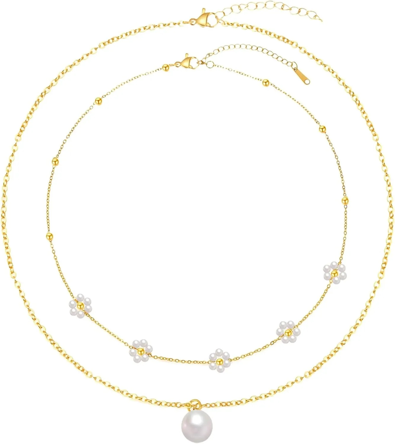 WomenS Gold Layered Necklaces With Pearl Daisy Pendants, Adjustable Stainless Steel, Hypoallergenic Two-Piece Set