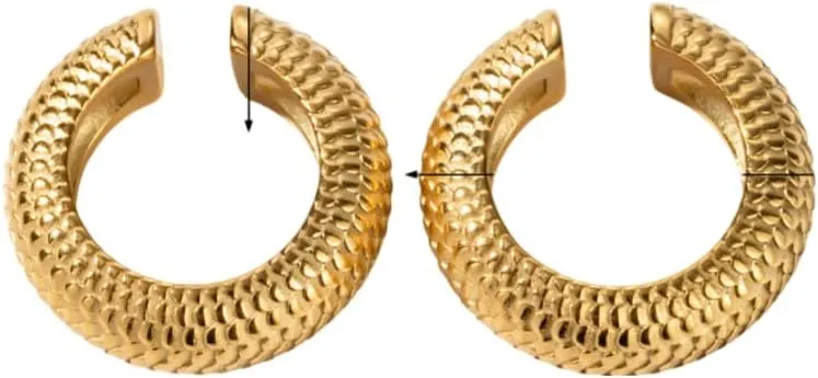 Women's Gold Plated Chunky C-Shape Ear Clips/Cuffs, Stainless Steel with Fish Scale Texture