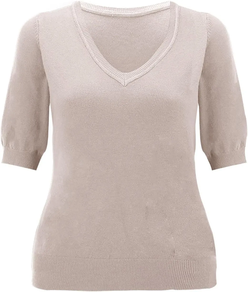 Womens Knitted Sweater Casual Short Sleeve V Neck Blouse Fashion Solid Color Layer Tops Loose Fit Outfit Shirts
