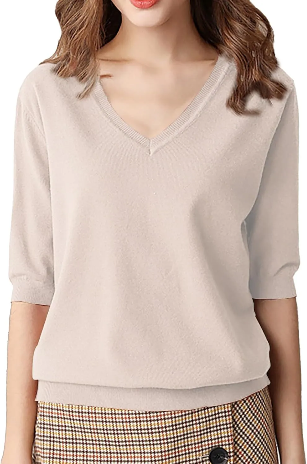 Womens Knitted Sweater Casual Short Sleeve V Neck Blouse Fashion Solid Color Layer Tops Loose Fit Outfit Shirts