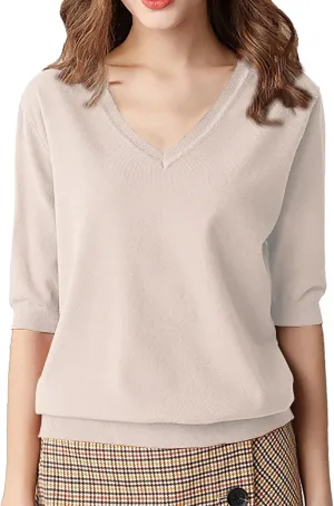 Womens Knitted Sweater Casual Short Sleeve V Neck Blouse Fashion Solid Color Layer Tops Loose Fit Outfit Shirts