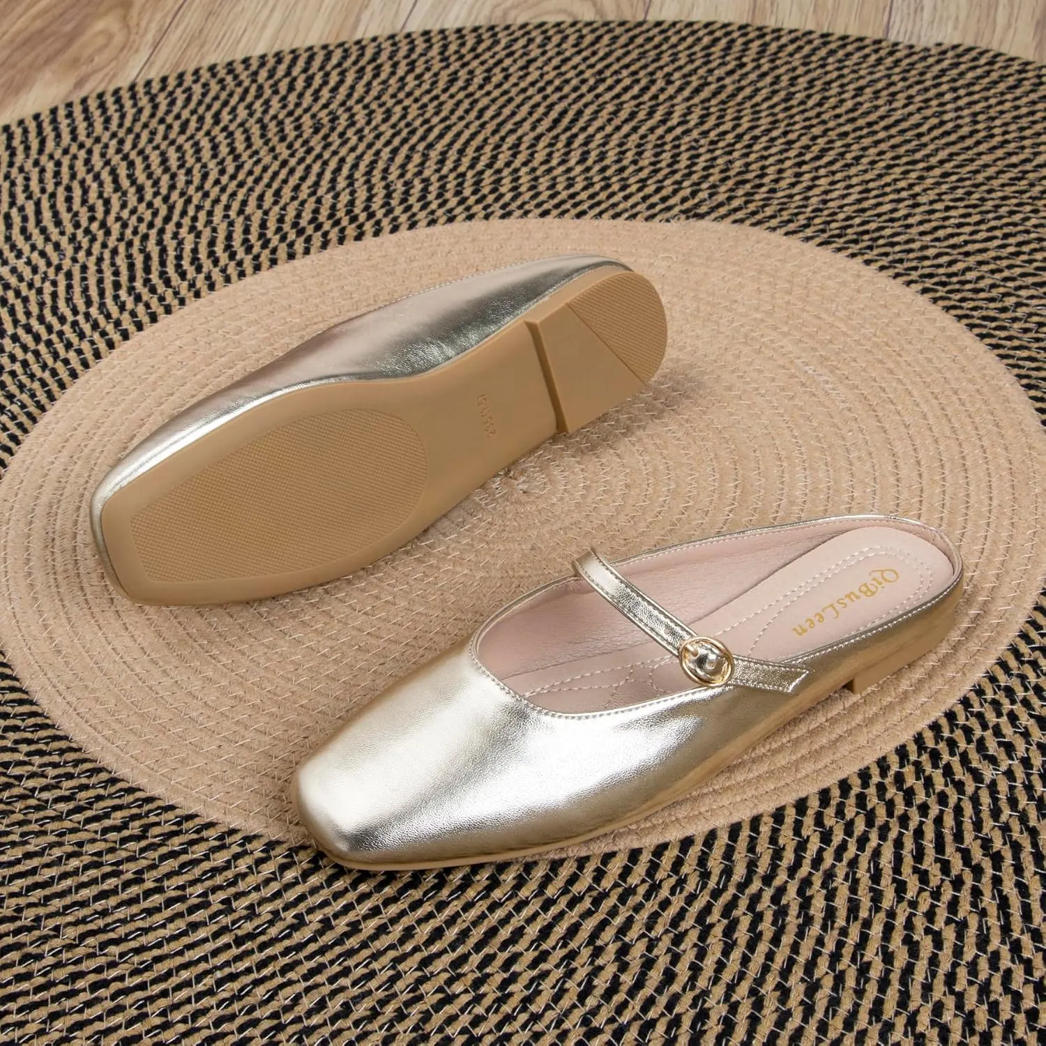 Women's Leather Dress Mules Flats Backless Gold Slip On Shoes for Women Closed Square Toe Comfortable Casual Mary Jane Flat Mules with Strap