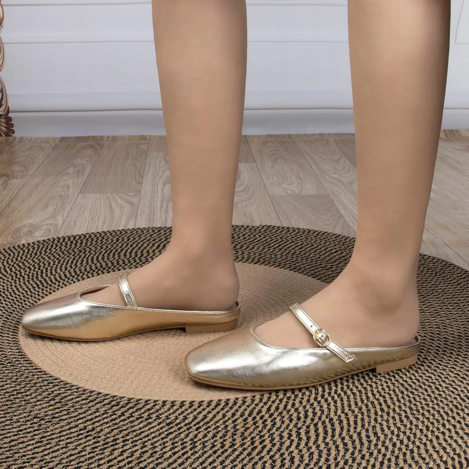 Women's Leather Dress Mules Flats Backless Gold Slip On Shoes for Women Closed Square Toe Comfortable Casual Mary Jane Flat Mules with Strap