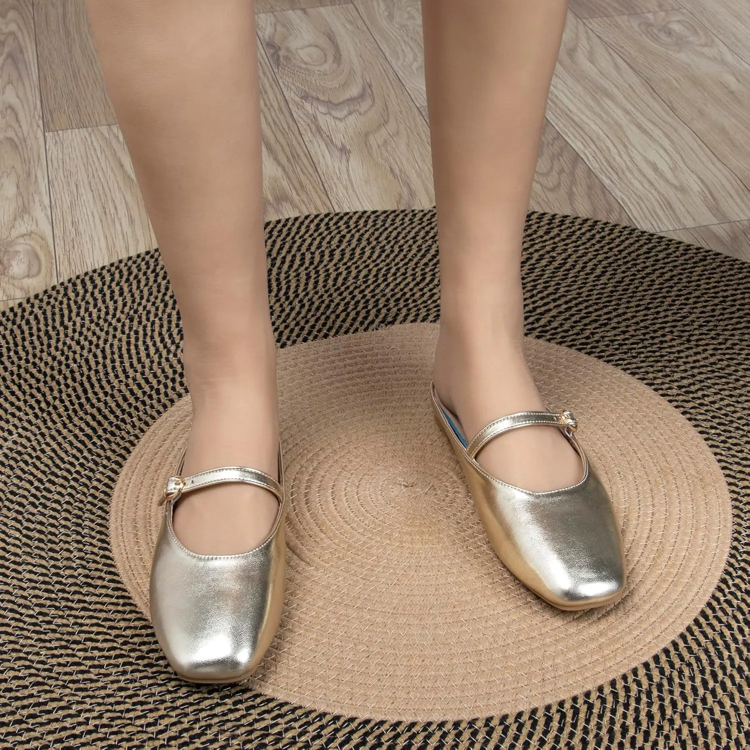 Women's Leather Dress Mules Flats Backless Gold Slip On Shoes for Women Closed Square Toe Comfortable Casual Mary Jane Flat Mules with Strap