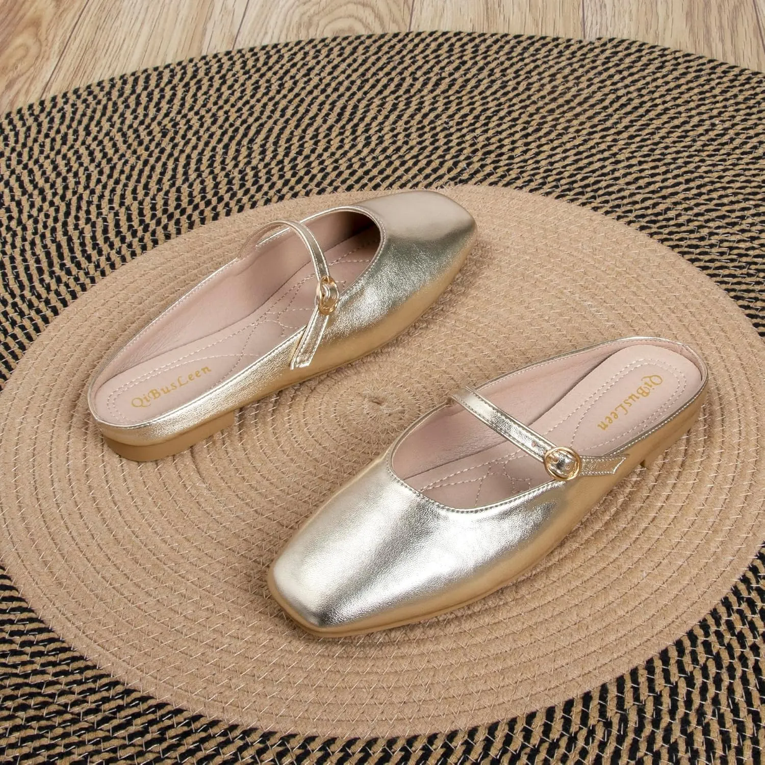Women's Leather Dress Mules Flats Backless Gold Slip On Shoes for Women Closed Square Toe Comfortable Casual Mary Jane Flat Mules with Strap