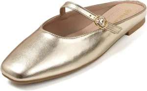Women's Leather Dress Mules Flats Backless Gold Slip On Shoes for Women Closed Square Toe Comfortable Casual Mary Jane Flat Mules with Strap
