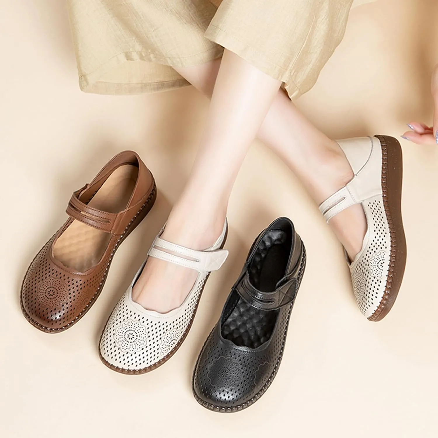 Women's Leather Mary Jane Flats,Comfortable Breathable Closed Toe Adjustable Strap Non-Slip Oxford Casual Dress Shoes