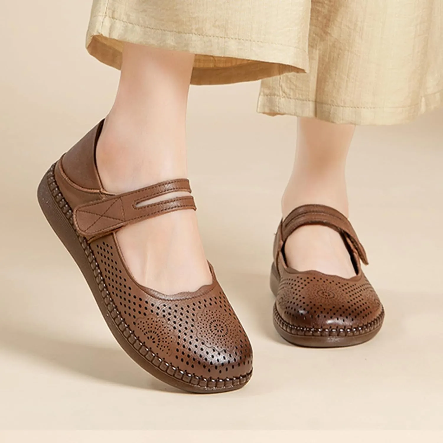 Women's Leather Mary Jane Flats,Comfortable Breathable Closed Toe Adjustable Strap Non-Slip Oxford Casual Dress Shoes