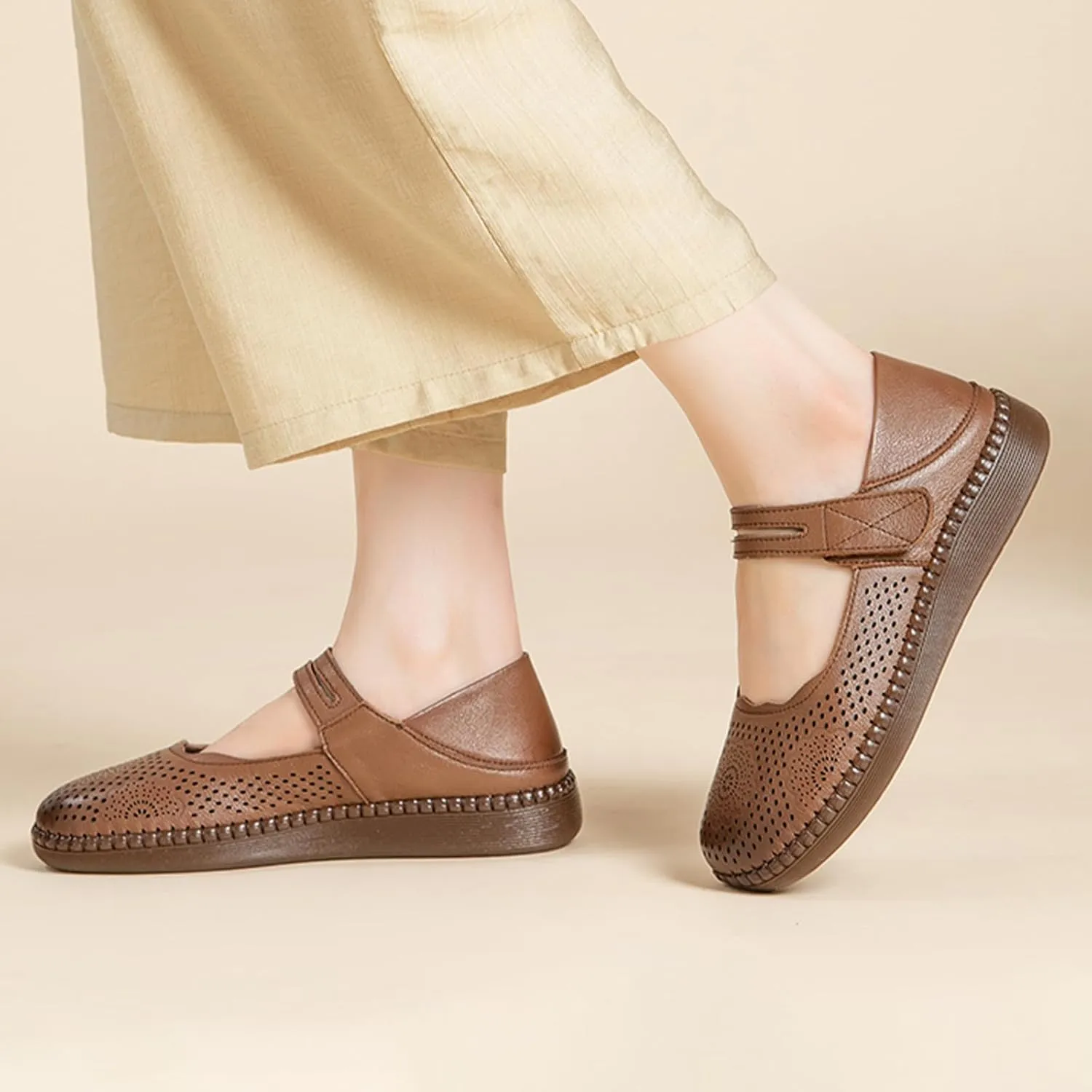 Women's Leather Mary Jane Flats,Comfortable Breathable Closed Toe Adjustable Strap Non-Slip Oxford Casual Dress Shoes