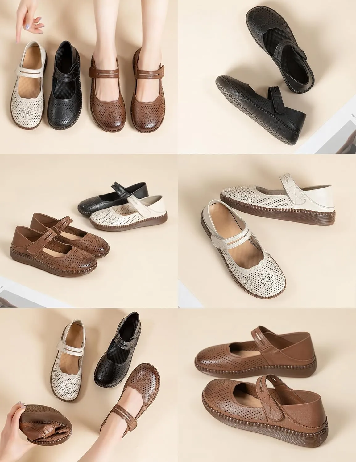 Women's Leather Mary Jane Flats,Comfortable Breathable Closed Toe Adjustable Strap Non-Slip Oxford Casual Dress Shoes