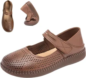 Women's Leather Mary Jane Flats,Comfortable Breathable Closed Toe Adjustable Strap Non-Slip Oxford Casual Dress Shoes