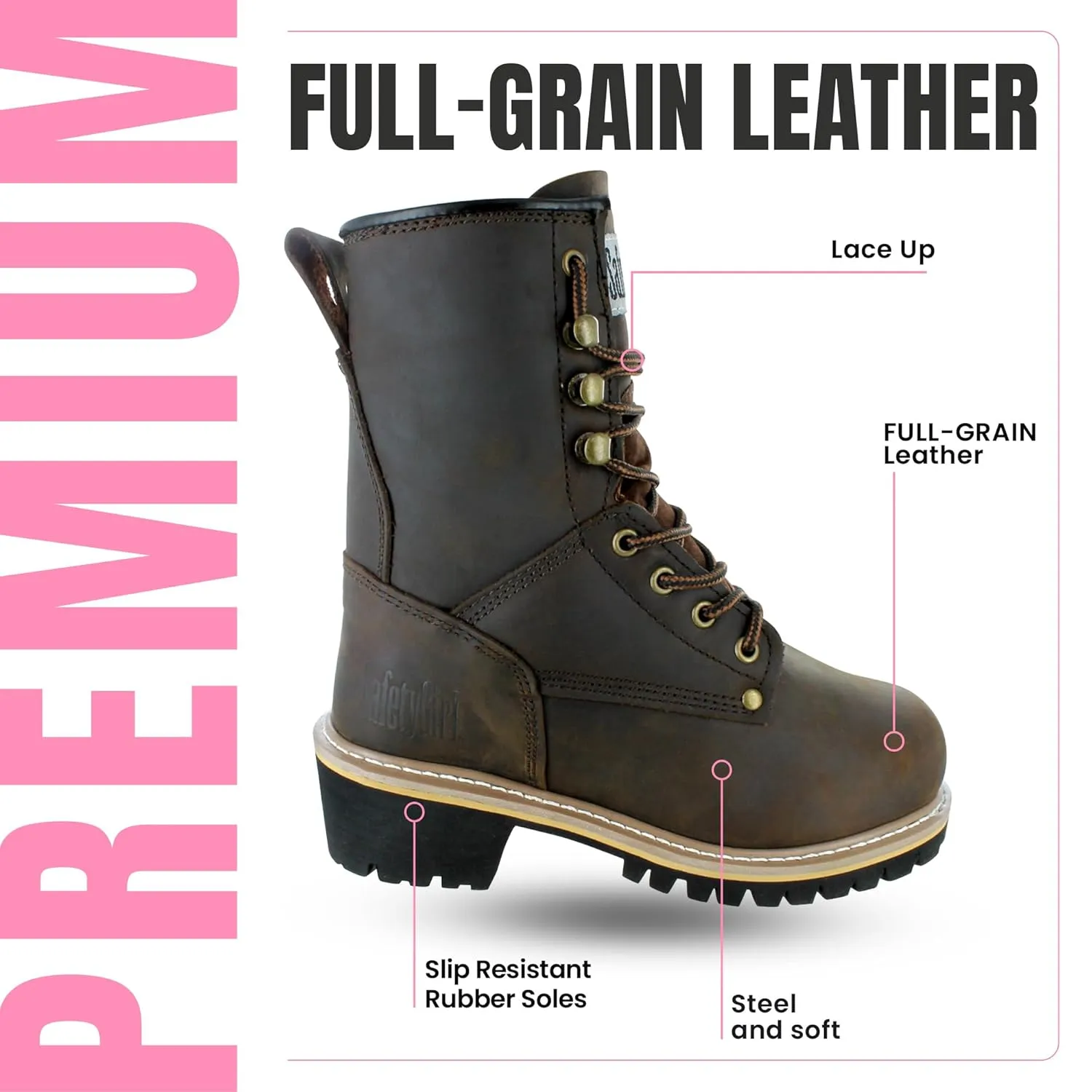 Women's Logger Boots - 8.5M | Construction for Women with Steel Toe, Water-Resistant Full-Grain Leather, Cushioned Insole, Goodyear Welt Outsole | 8" Logger Work - Dark Brown