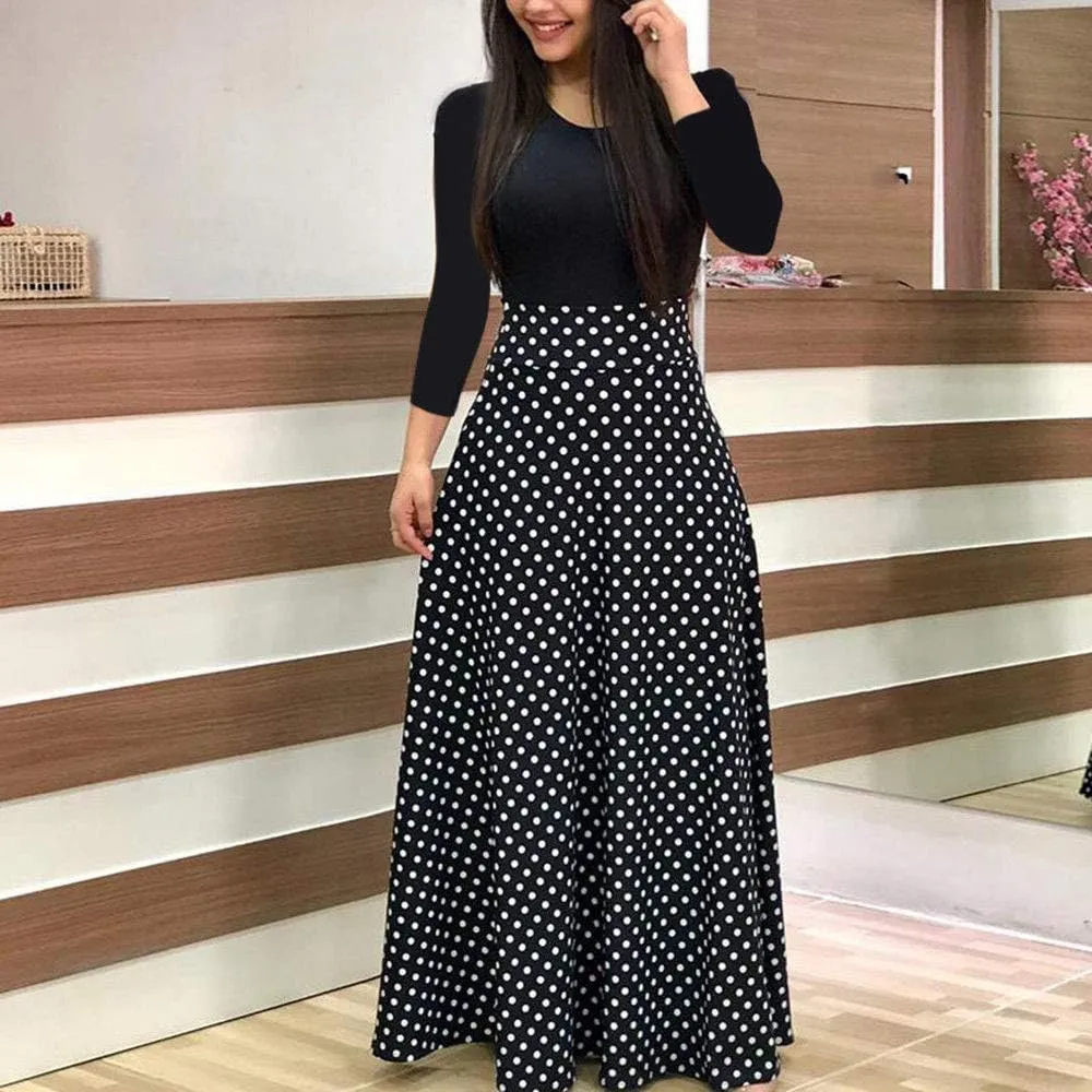 Womens Long & Short Sleeve Maxi Dress Floral Boho Print Casual Crewneck Tunic Dress Long High Waist Elastic Beach Dress