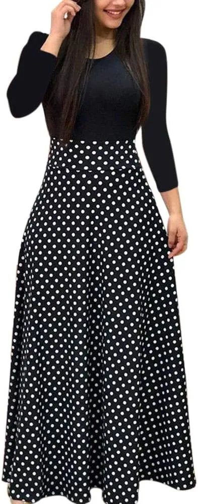 Womens Long & Short Sleeve Maxi Dress Floral Boho Print Casual Crewneck Tunic Dress Long High Waist Elastic Beach Dress