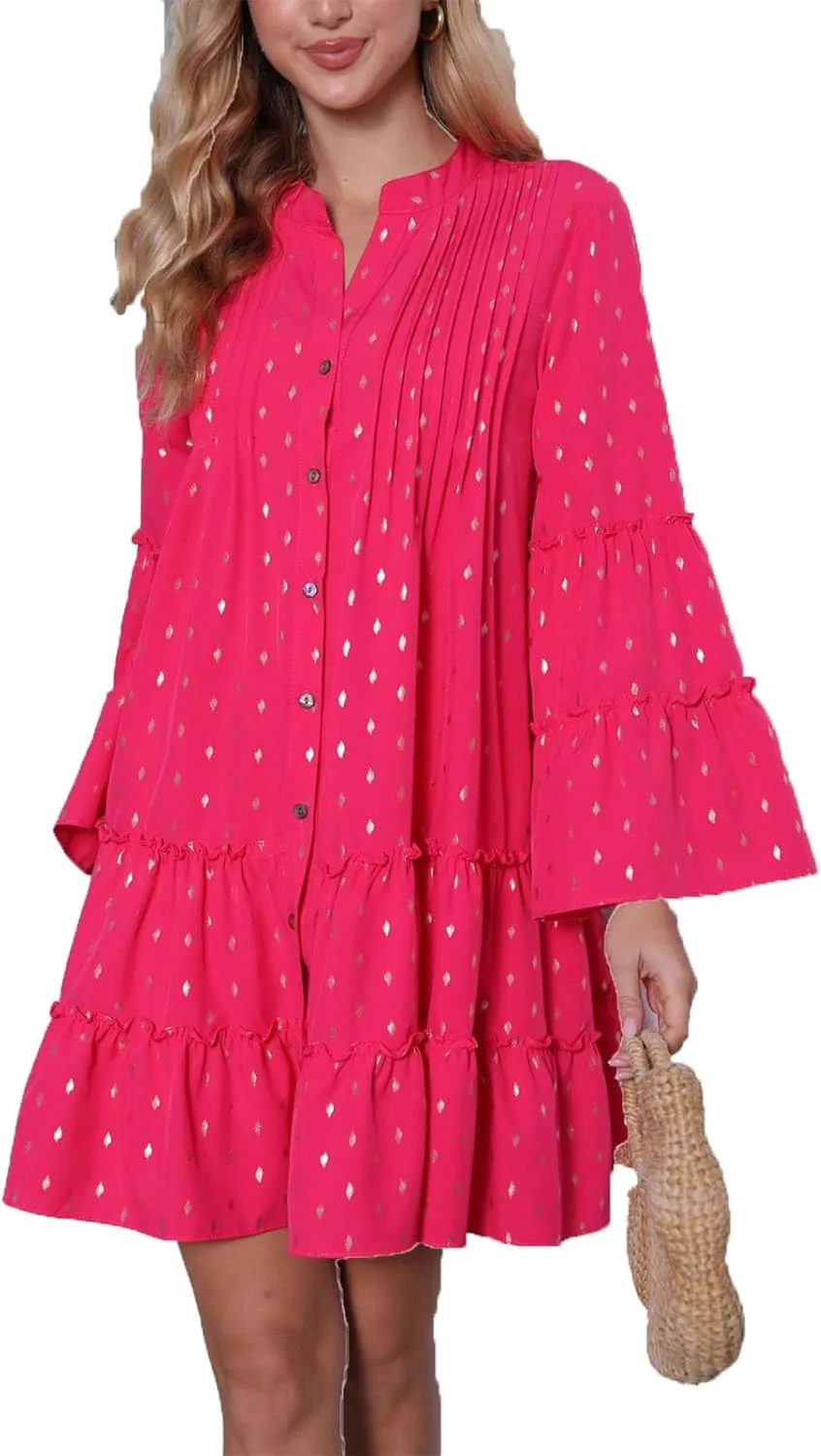 Women's Long Bell Sleeve Ruffle Tiered Mini Babydoll Dress Casual Loose Flowy Button Down Shift Dress
