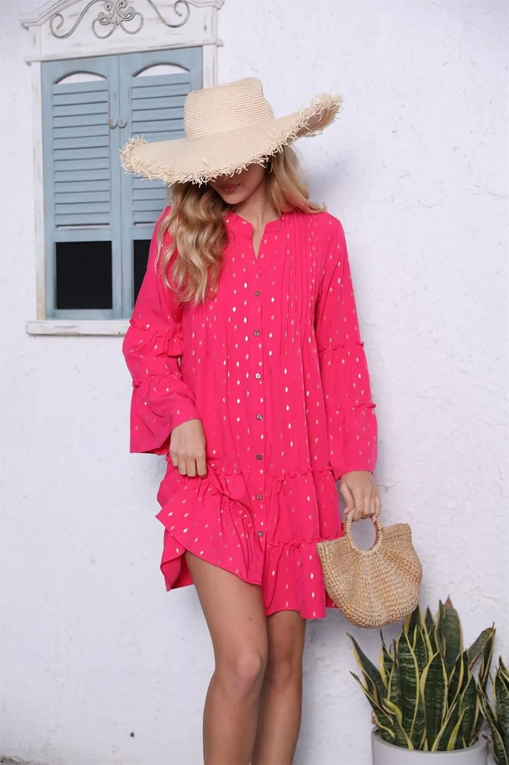 Women's Long Bell Sleeve Ruffle Tiered Mini Babydoll Dress Casual Loose Flowy Button Down Shift Dress