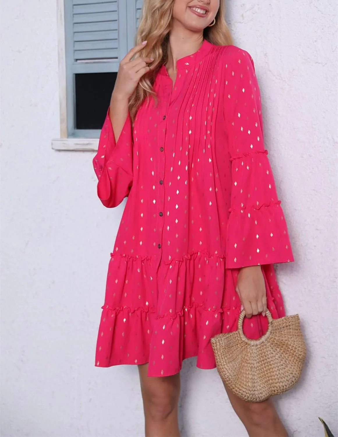 Women's Long Bell Sleeve Ruffle Tiered Mini Babydoll Dress Casual Loose Flowy Button Down Shift Dress