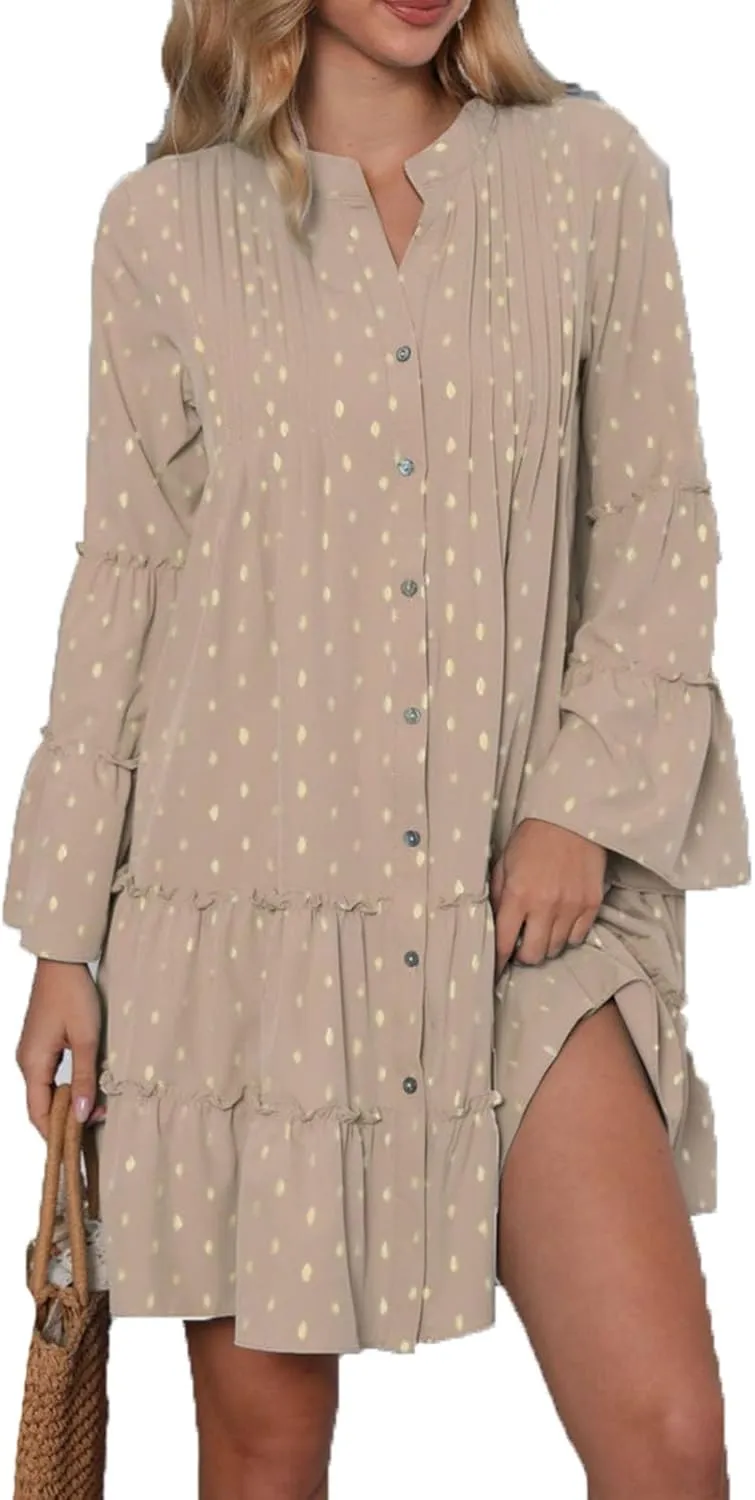 Women's Long Bell Sleeve Ruffle Tiered Mini Babydoll Dress Casual Loose Flowy Button Down Shift Dress